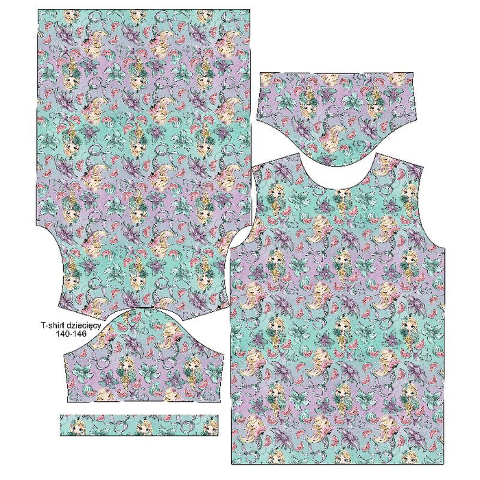 KID’S T-SHIRT- MERMAIDS AND WATERMELONS - single jersey (128/134)