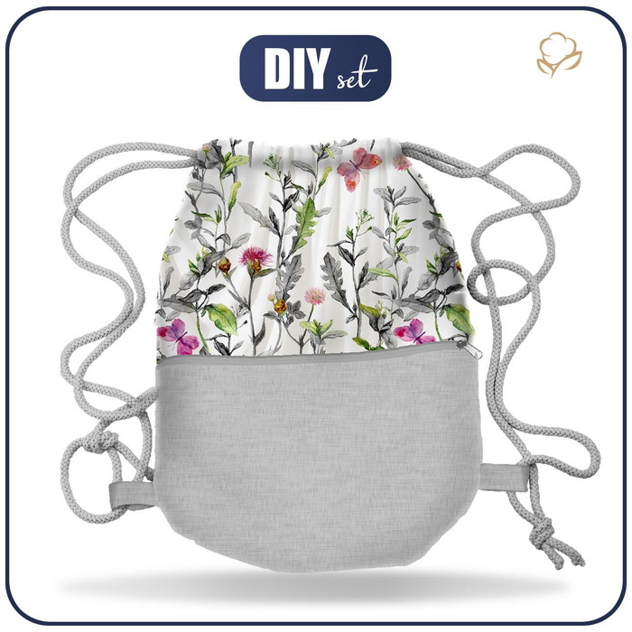 GYM BAG WITH POCKET - MEADOW / butterflies - sewing set