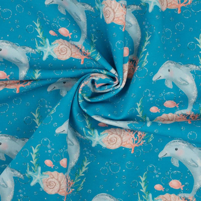 DOLPHINS pat. 3 (MAGICAL OCEAN) / blue - single jersey with elastane 