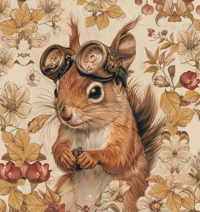 SQUIRREL STEAMPUNK FOREST - PANORAMICKÝ PANEL (60cm x 135cm) Mušelín bavlněný