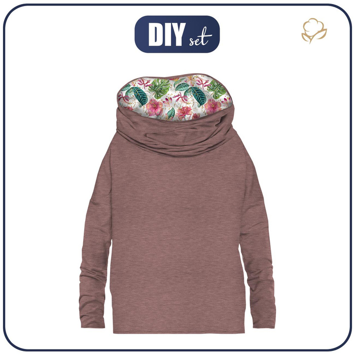 Sweatshirt mit Schalkragen und Fledermausärmel (FURIA) - MELANGE ROSENQUARZ / tropisches dschungel - Nähset