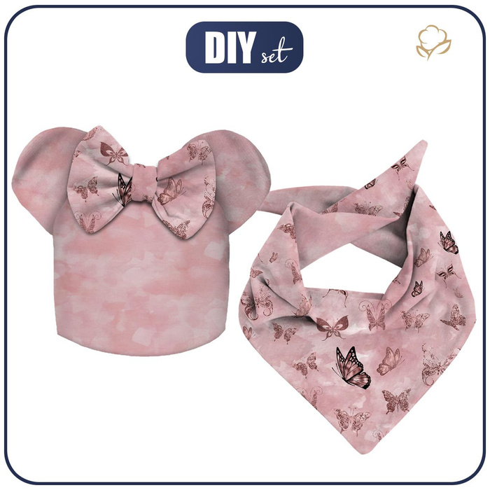 KID'S CAP AND SCARF (MOUSE) - BUTTERFLIES (GLITTER BUTTERFLIES) / CAMOUFLAGE pat. 2 (rose quartz) 48-50