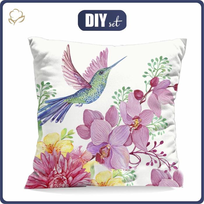 PODUSZKA 45X45 - KOLIBRY I KWIATY - welur tapicerski - panel przód + tył