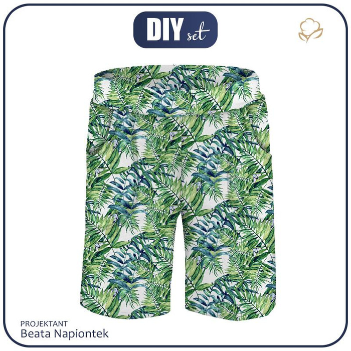 KID`S SHORTS (RIO) - MINI LEAVES AND INSECTS PAT. 6 (TROPICAL NATURE) / white - looped knit fabric (122/128)