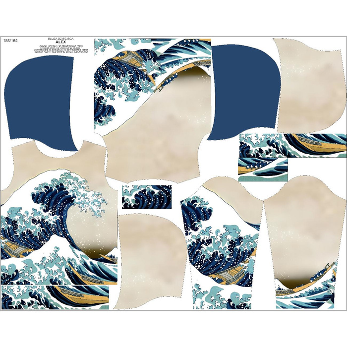 DZIECIĘCA BLUZA Z KAPTUREM (ALEX) - WIELKA FALA W KANAGAWIE (Hokusai Katsushika) - zestaw do uszycia (122/128)