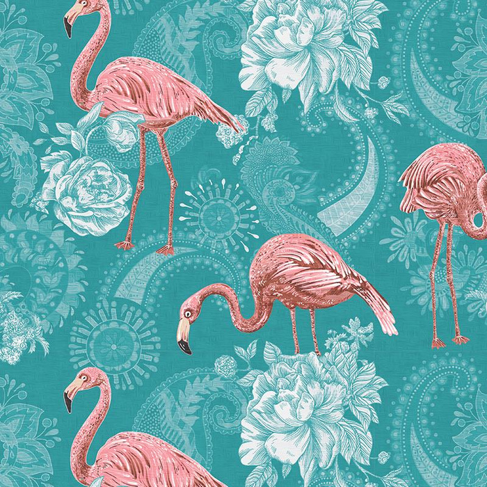 FLAMINGOS AND ROSES / sea blue- Waterproof woven fabric