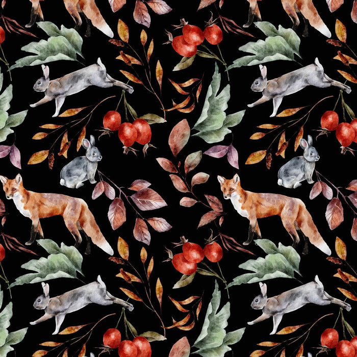 FOREST ANIMALS PAT. 2 / BLACK (COLORFUL AUTUMN) - brushed knitwear with elastane ITY