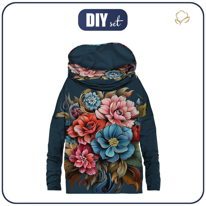 Sweatshirt mit Schalkragen und Fledermausärmel (FURIA) - Bouquet of flowers wz.1 - Sommersweat ITY - XL