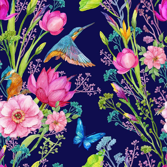 KINGFISHERS AND BUTTERFLIES (KINGFISHERS IN THE MEADOW) / dark blue - Waterproof woven fabric