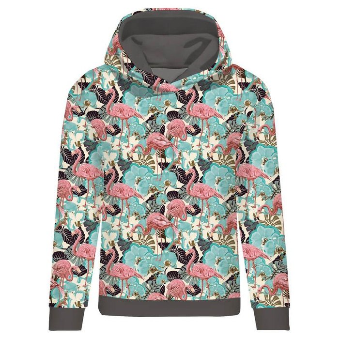 CLASSIC WOMEN’S HOODIE (POLA) - FLAMINGOS AND MONSTERAS - looped knit fabric