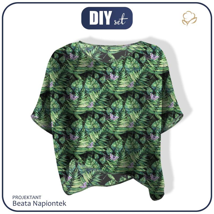 FLIMSY OVERSIZE BLOUSE "ELENA" - LEAVES AND INSECTS PAT. 4 (TROPICAL NATURE) / black - sewing set