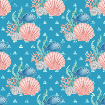 FISCHE UND MUSCHELN (Märchenhafter Ozean) / blau