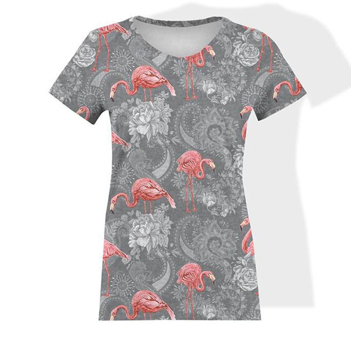 DAMEN T-SHIRT - FLAMINGOS UND ROSEN / grau - Single Jersey M