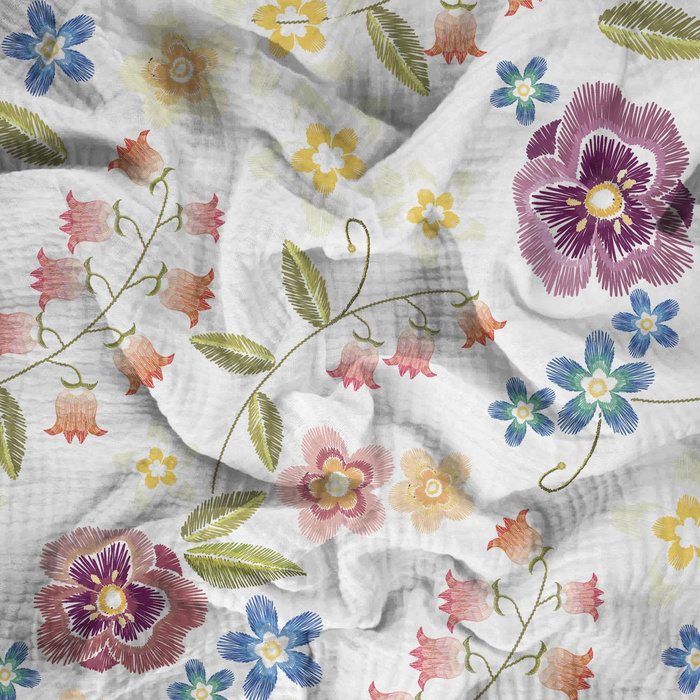 FLOWERS / white - Cotton muslin