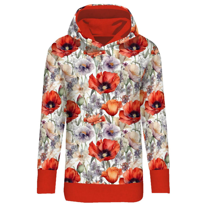 LONG WOMEN’S HOODIE (MEGI) - POPPIES pat. 5 - looped knit fabric - M