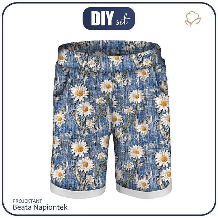 KID`S SHORTS (RIO) - DAISIES DENIM IMITATION WZ. 2 - looped knit fabric (134/140)
