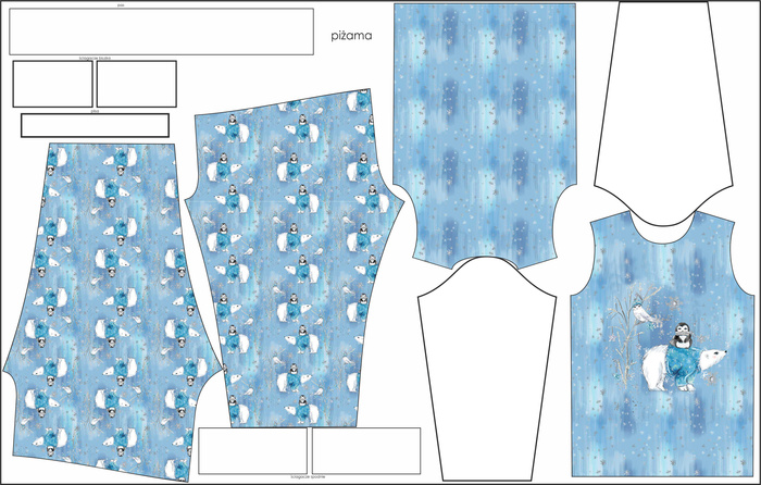 CHILDREN'S PAJAMAS " MIKI" - PENGUIN ON  BEAR / winter sky (ENCHANTED WINTER) - Elastic cotton knit fabric (98/104)