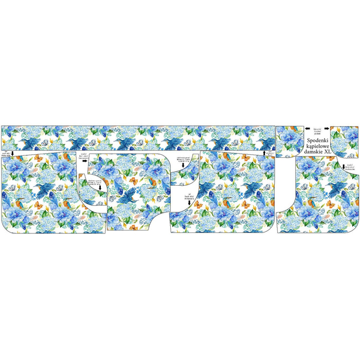 Women’s boardshorts - KINGFISHERS AND LILACS (KINGFISHERS IN THE MEADOW) / white - sewing set