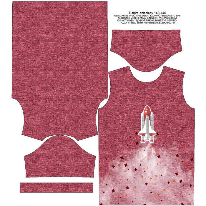 T-SHIRT DZIECIĘCY - STATEK KOSMICZNY (WYPRAWA W KOSMOS) / ACID WASH BORDOWY - single jersey (140/146)
