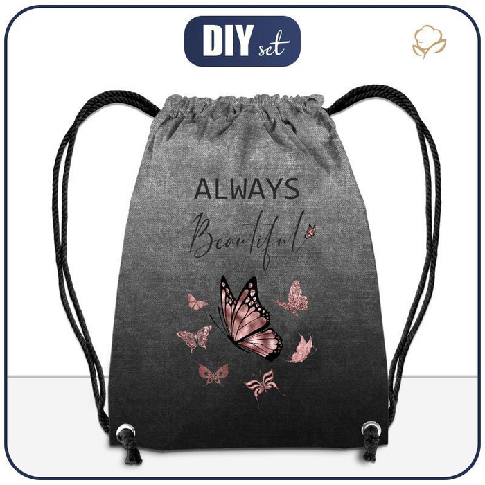 WORKOPLECAK - ALWAYS BEAUTIFUL (BROKATOWE MOTYLE) / ACID WASH SZARY - zestaw do uszycia