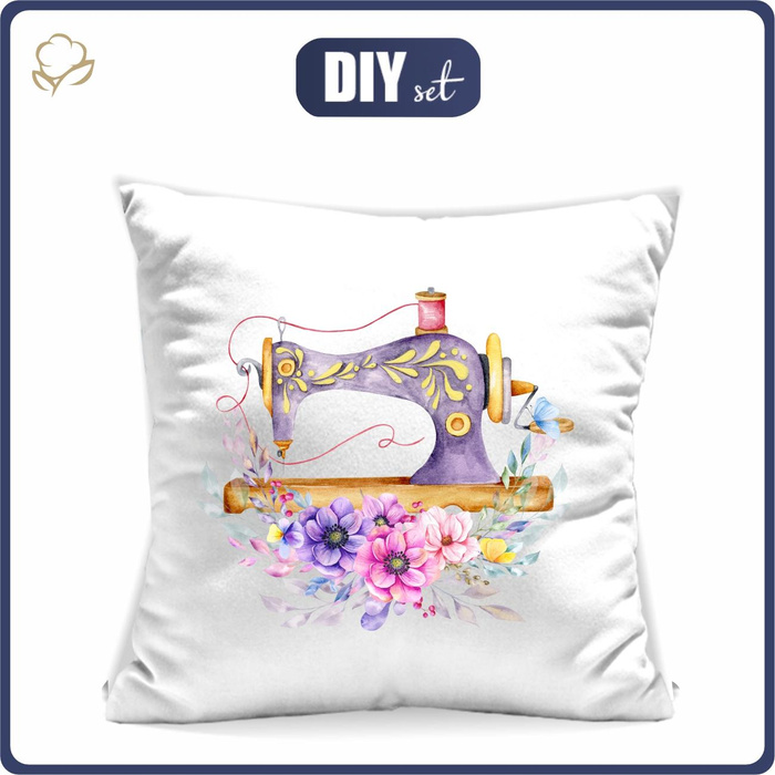 PILLOW 45X45 - SEWING MACHINE AND FLOWERS - Upholstery velour - front + back