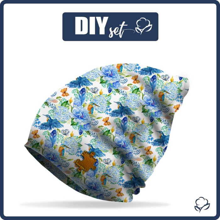 "Beanie" cap - KINGFISHERS AND LILACS (KINGFISHERS IN THE MEADOW) / white 51-53