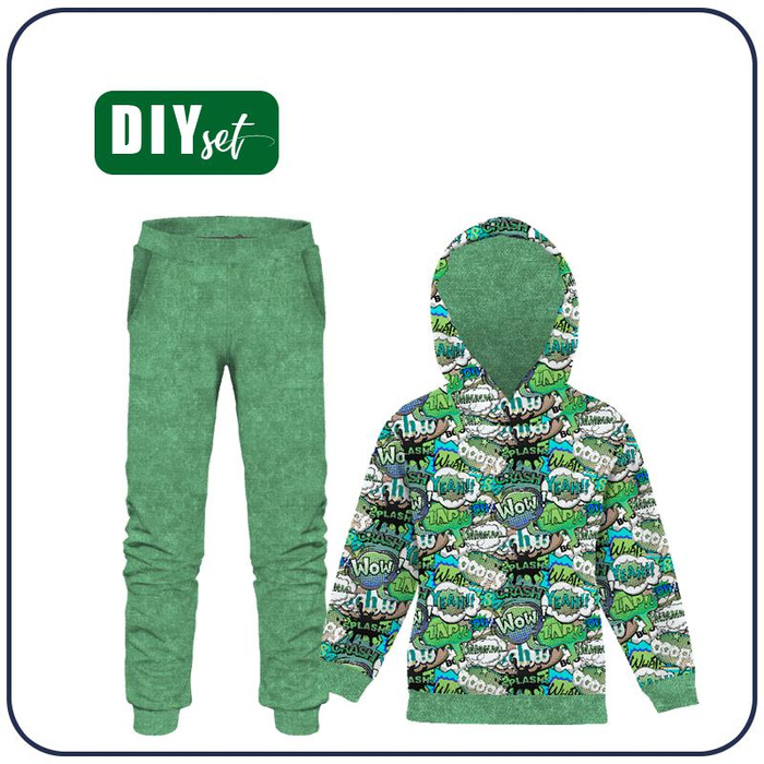 Children's tracksuit (OSLO) - COMIC BOOK (green - blue) - looped knit fabric (122/128)