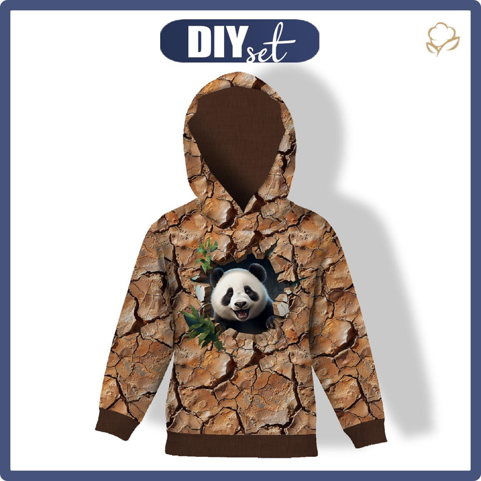 KID'S HOODIE (ALEX) - ANIMALS CRACKED pat.4 (panda) - looped knit fabric (122/128)