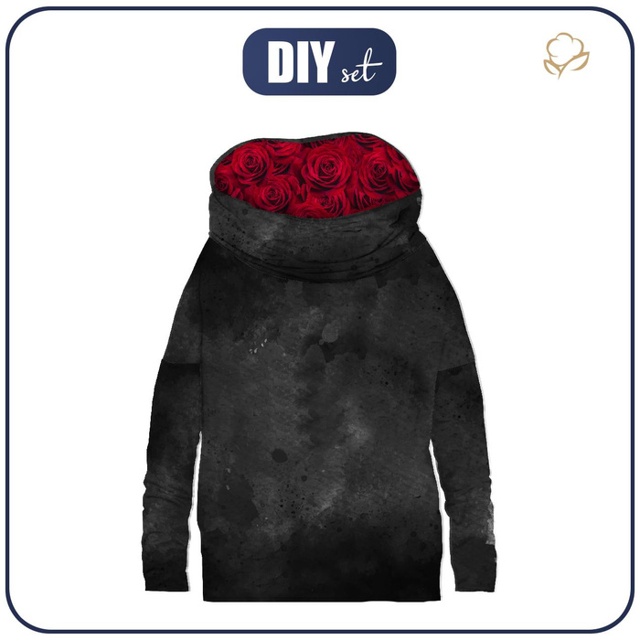 BLUZA DAMSKA (FURIA) NIETOPERZ Z KOMINEM - BLACK SPECKS / RÓŻE - zestaw do uszycia XXL