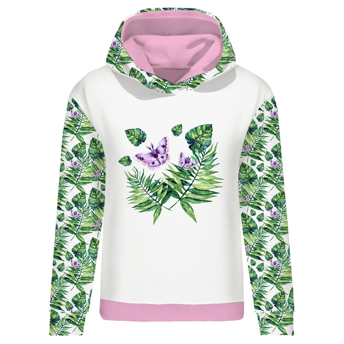 BLUZA DAMSKA (POLA) CLASSIC Z KAPTUREM - MINI LIŚCIE I OWADY WZ. 4 (TROPIKALNA NATURA) / biały -  dzianina pętelkowa  XL