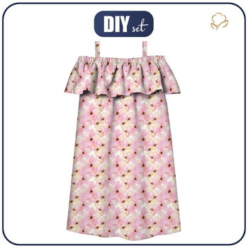 Bardot neckline dress (LILI) - PINK FLOWERS (IN THE MEADOW) - sewing set - 134-140
