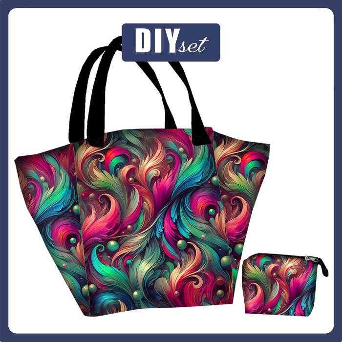 XL bag with in-bag pouch 2 in 1 - COLORFUL FEATHERS - sewing set