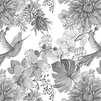 HUMMINGBIRDS AND FLOWERS (GREY) / white- looped knit fabric