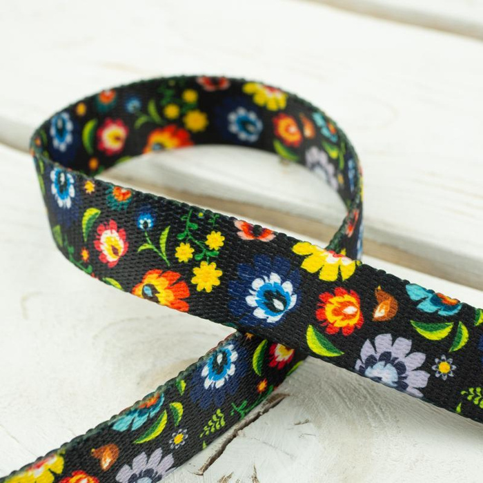 Smooth webbing tape - LOWICZ FOLKLORE (black) / Choice of sizes