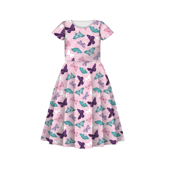 KINDER KLEID "MIA" - SCHMETTERLINGE M. 5 / rosa (PURPUR SCHMETTERLINGE) - Nähset (98/104)