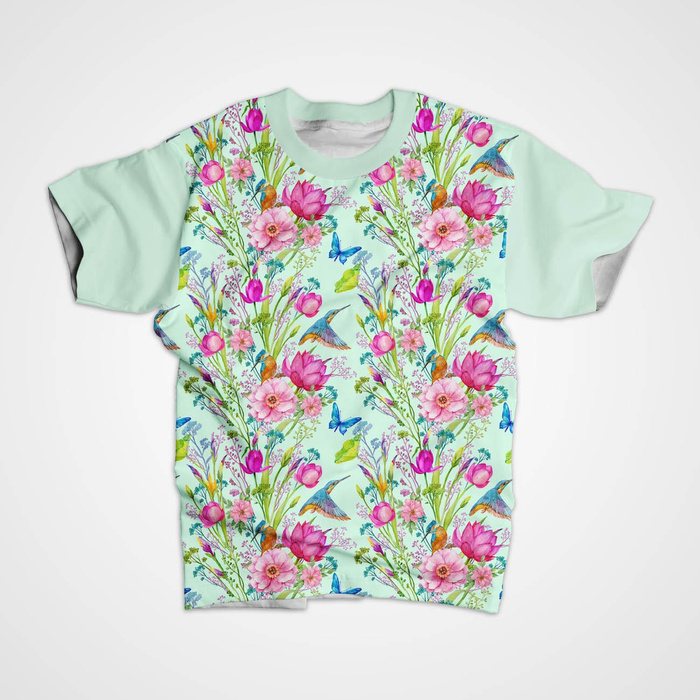 MINI KINGFISHERS AND BUTTERFLIES (KINGFISHERS IN THE MEADOW) / mint - single jersey with elastane 