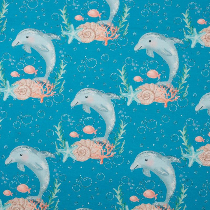 DOLPHINS pat. 3 (MAGICAL OCEAN) / blue - single jersey with elastane 