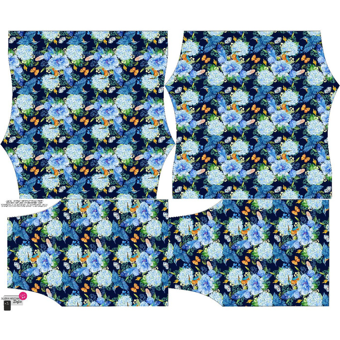 Carmenausschnitt Bluse (SOFIA) - EISVÖGEL UND FLIEDER (EISVÖGEL AUF DER WIESE / navy - Nähset XXL