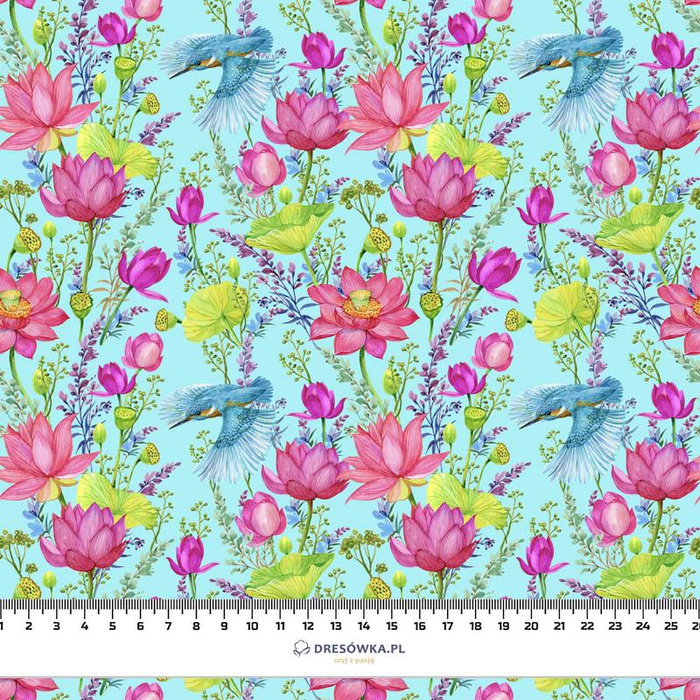 MINI KINGFISHERS AND POPPIES (KINGFISHERS IN THE MEADOW) / aqua - Waterproof woven fabric