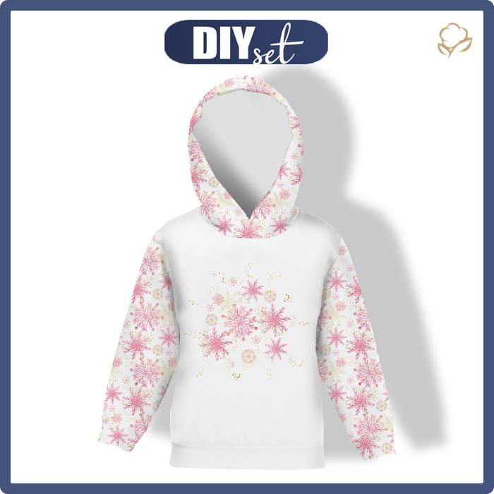 DZIECIĘCA BLUZA Z KAPTUREM (ALEX) - RÓŻOWE ŚNIEŻYNKI - dzianina pętelkowa (98/104)