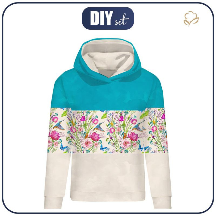 BLUZA DAMSKA (POLA) CLASSIC Z KAPTUREM - ZIMORODKI (ZIMORODKI NA ŁĄCE) / pasy -  dzianina pętelkowa  XL
