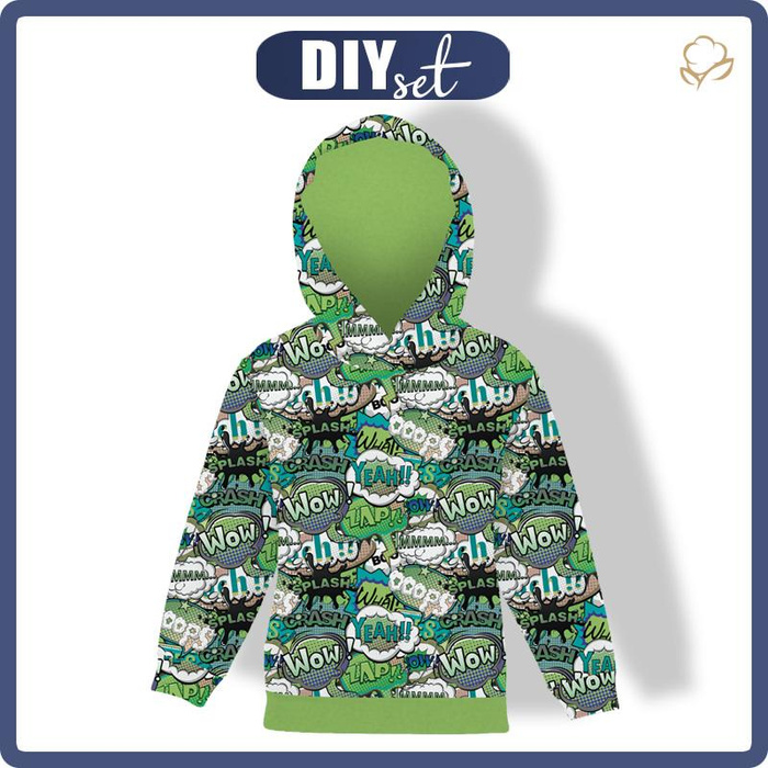 KID'S HOODIE (ALEX) - COMIC BOOK (green - blue) - looped knit fabric (122/128)