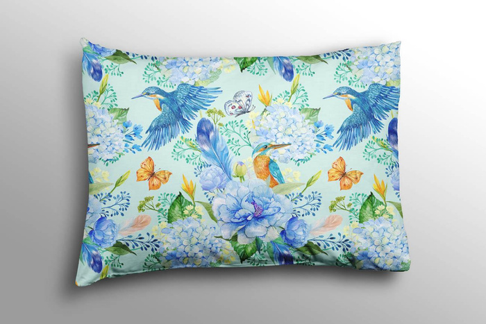 KINGFISHERS AND LILACS (KINGFISHERS IN THE MEADOW) / light blue- Upholstery velour 
