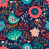 FOLK BIRDS / navy - Waterproof woven fabric