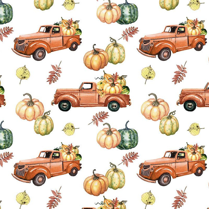 KÜRBISSE AUF DEM PICK-UP (Blätter) Ms. 2 / weiß (KÜRBISGARTEN) - Baumwoll Webware