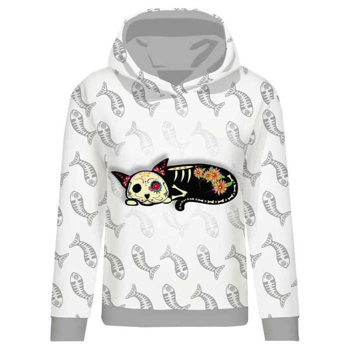 BLUZA DAMSKA (POLA) CLASSIC Z KAPTUREM - ŚPIĄCY KOT CARLA (DIA DE LOS MUERTOS) - dzianina pętelkowa - M