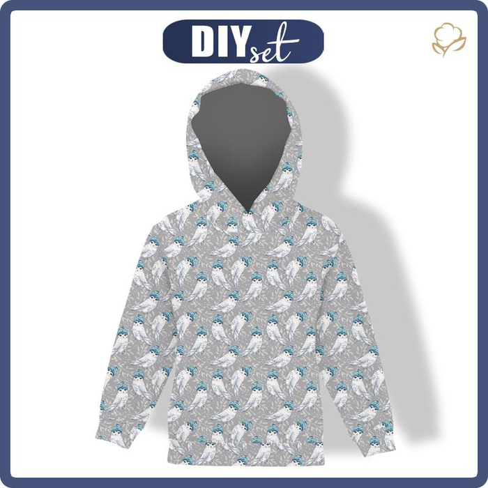 KID'S HOODIE (ALEX) - IOWLS IN HATS (ENCHANTED WINTER) - looped knit fabric (146/152)