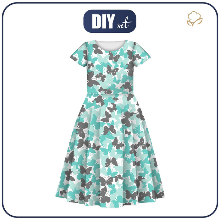 KID'S DRESS "MIA" - BUTTERFLIES / aqua - sewing set (134/140)