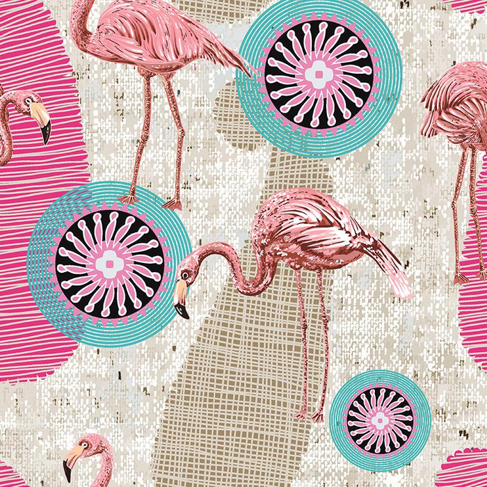 FLAMINGOS AND ROSETTES - Viscose jersey