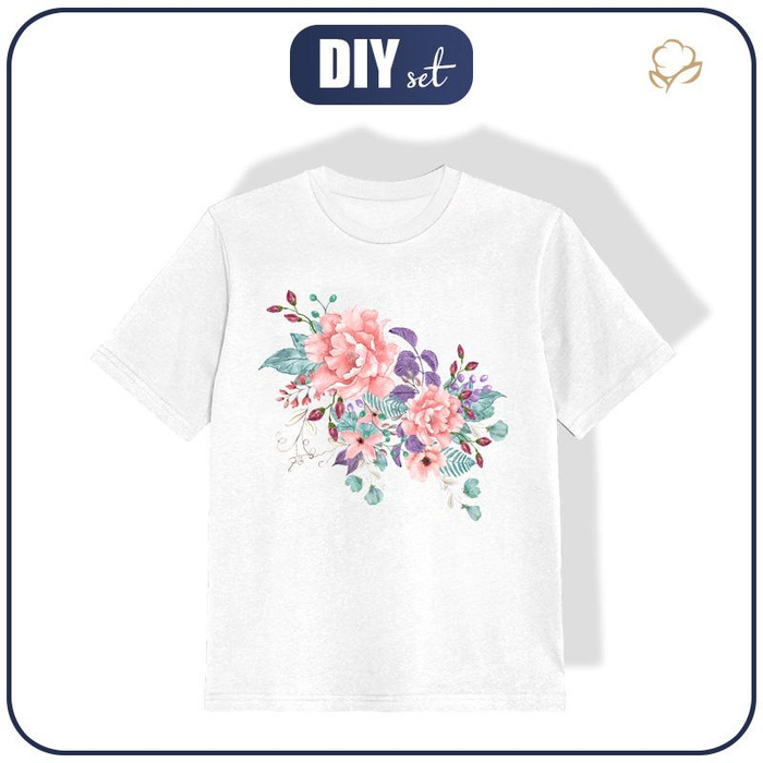T-SHIRT DZIECIĘCY - KWIATY DZIKIEJ RÓŻY wz. 1 (KWITNĄCA ŁĄKA) - single jersey (140/146)